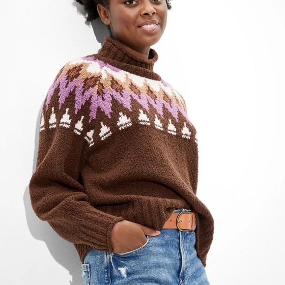 American Eagle Outfitters Sweaters - American Eagle Fair Isle Mock Neck Sweater XS NWT brown purple Winter Ski Cozy